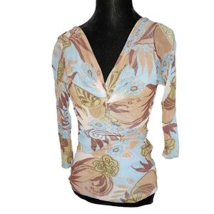 vintage y2k Po mesh blue green tan floral longsleeve top
